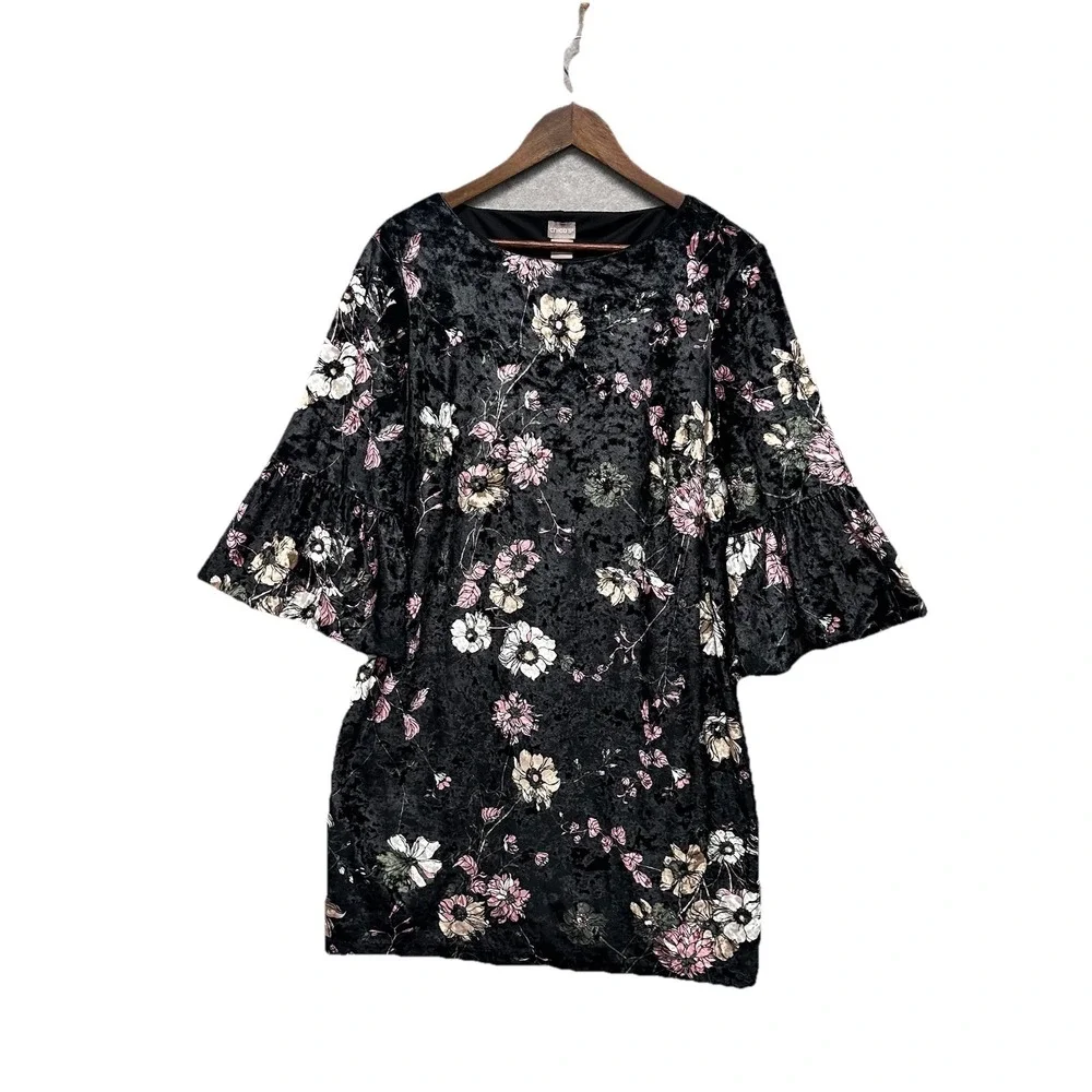 Chicos Dress Women 12/14 Black Floral Whimsigoth Fairy Grunge Witchy Bell Sleeve